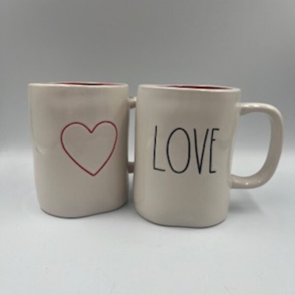 NEW Rae Dunn Love And Heart Ceramic 16 Ounce Coffee Mugs Set Of 2 - Picture 1 of 4